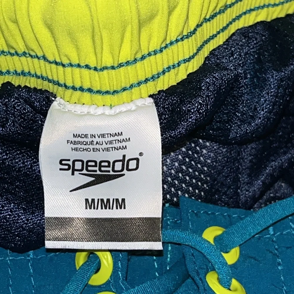 Speedo Mens Blue Green White Swim Short Size Medium with Liner and Elastic Waist